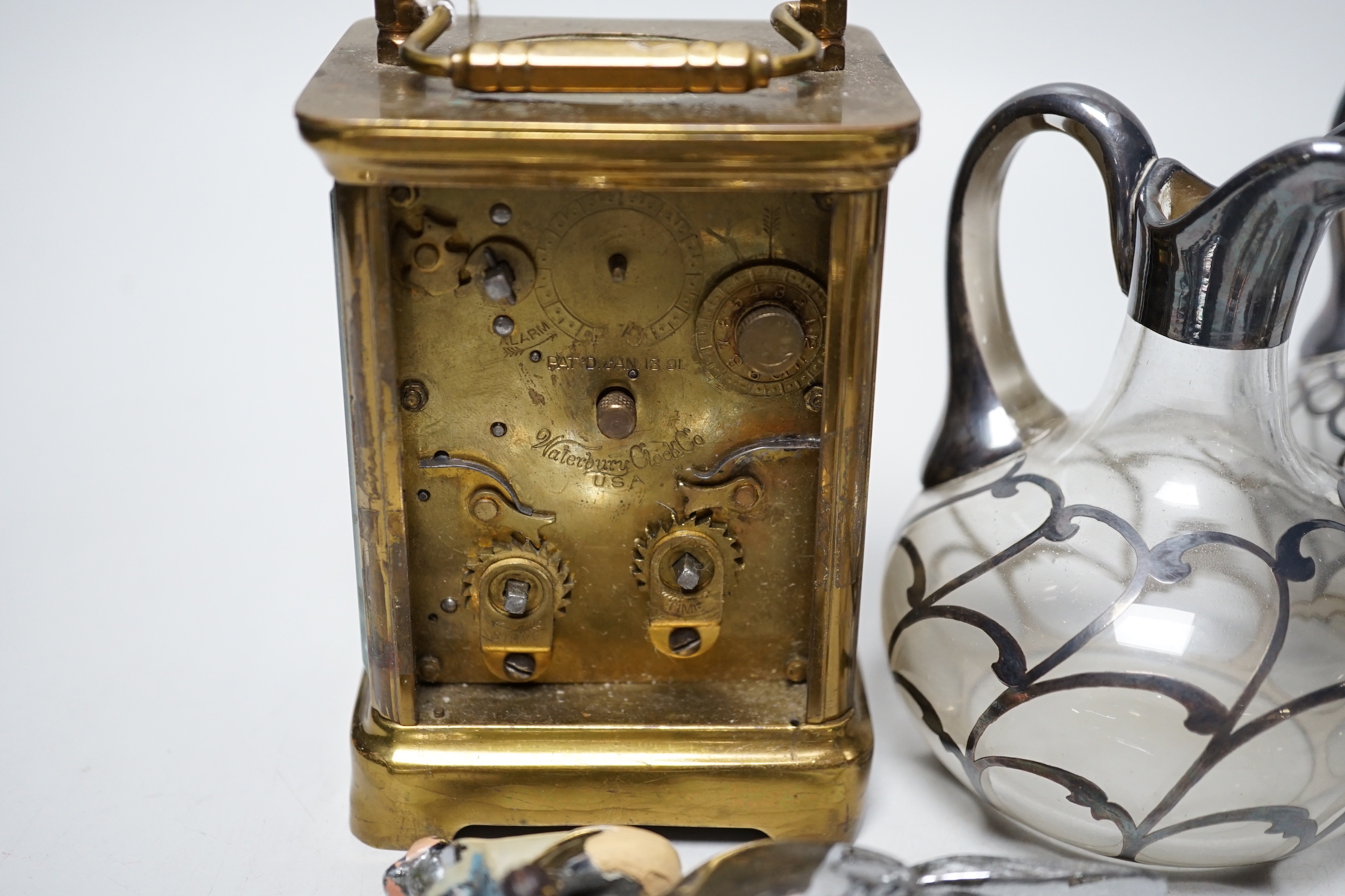 Antique and later objects including Georgian cut steel buckle, car mascot in the form a jockey on horseback, silver overlaid scent bottles and carriage clock with enamel dial